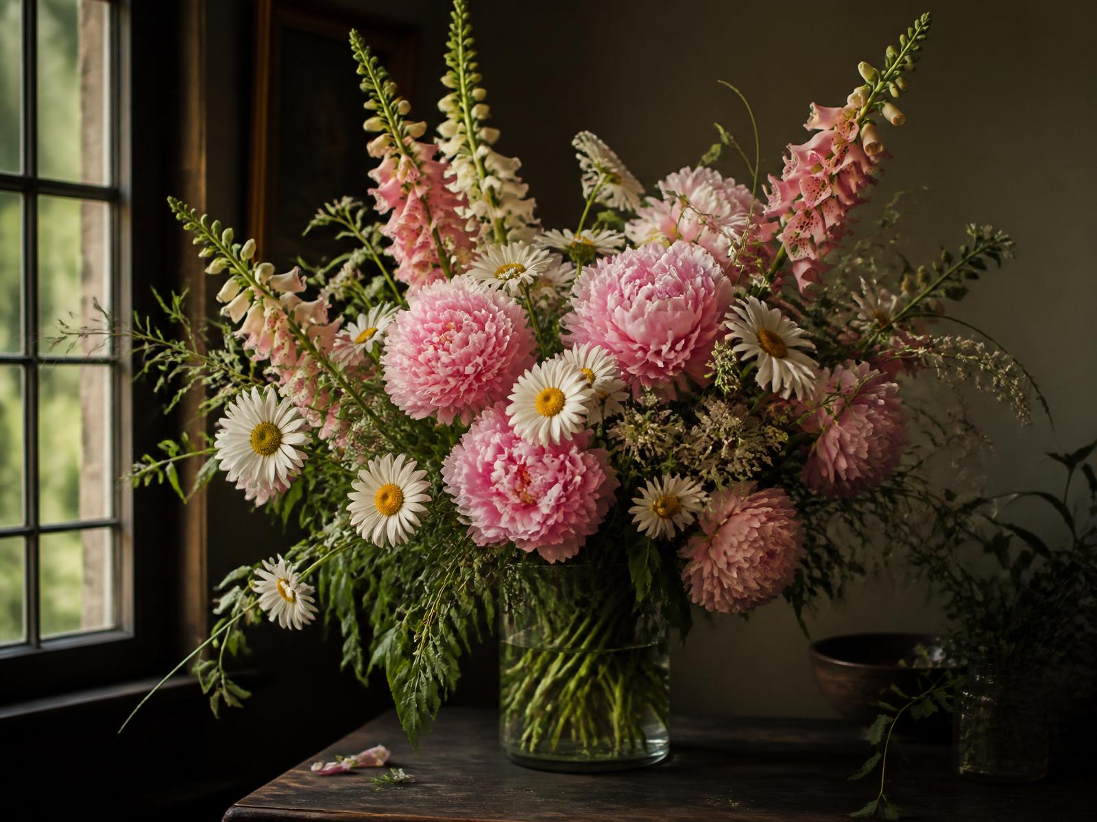 A soft pink peony and daisy bouquet in a clear glass vase by a window