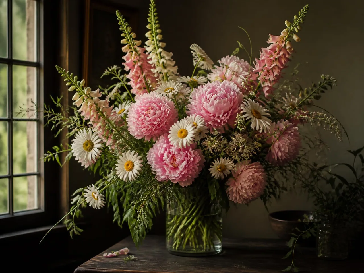 A soft pink peony and daisy bouquet in a clear glass vase by a window